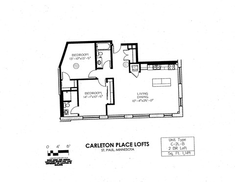 Floor plan for 2 beds, 1 bath, 1149 sqft